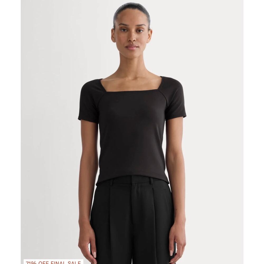 NWT EVERLANE The Form Supima Square-Neck Top Short Sleeve Sz S Black Minimalist